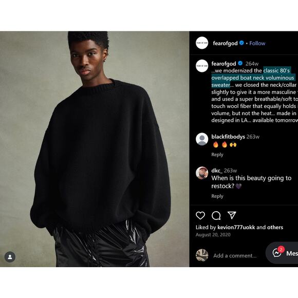 Fear of God 7th Collection Overlapped Boat Neck Voluminous Sweater Medium Fall - Picture 2 of 12